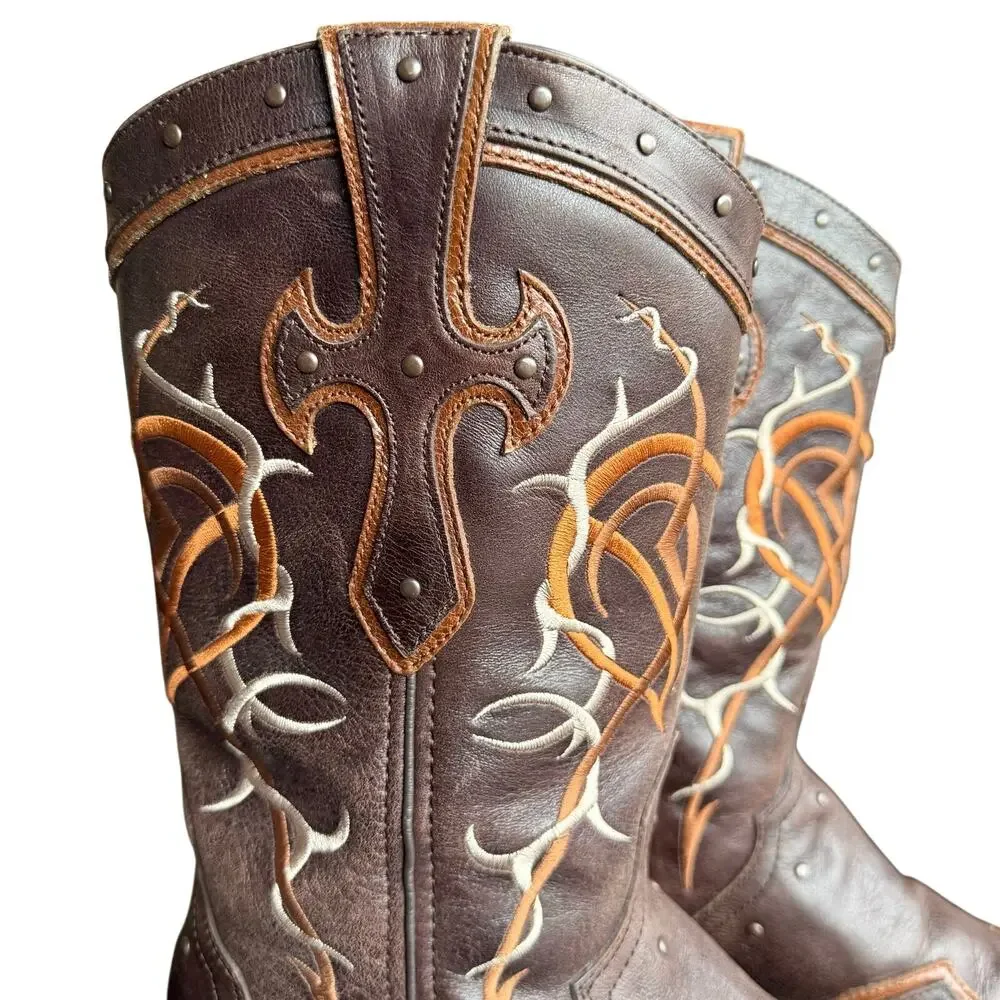 Durango Crush Cowboy Boots Women’s Brown Leather Embroidered‎ w/ Cross 13” - 9.5